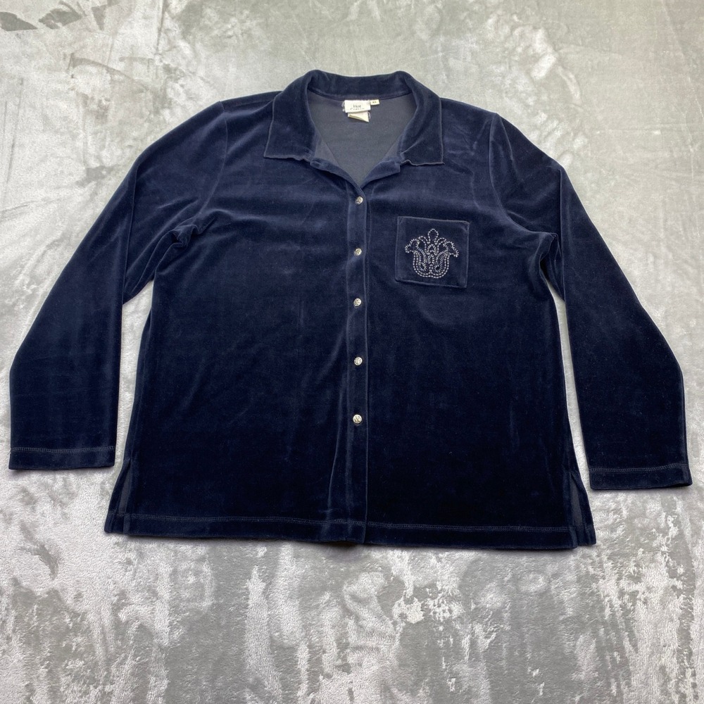 Hot‎ Cotton Velour Pajama Top Blue Embellished Pocket Button Up Shirt XL